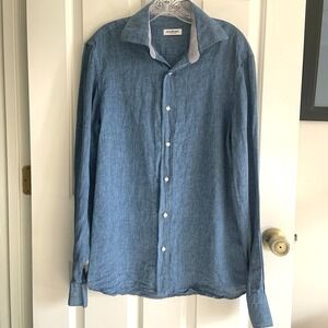 NeroSFumato Positano Men's Linen Long Sleeve Flip Cuff Shirt Chambray Blue sz L